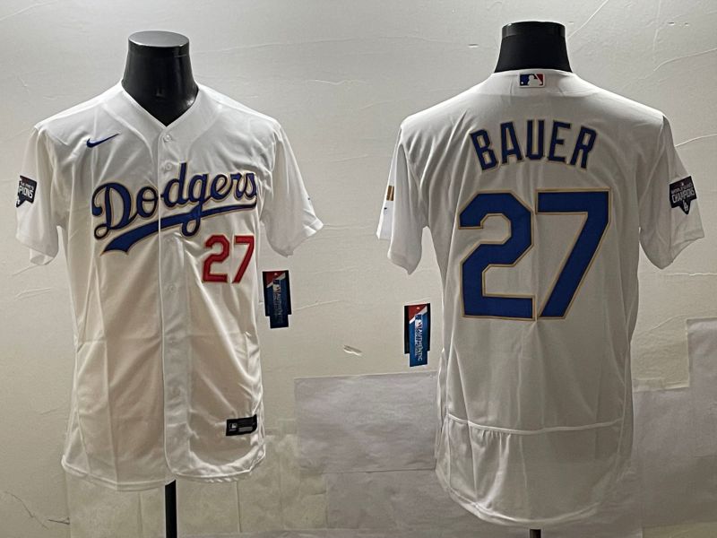 Men Los Angeles Dodgers #27 Bauer White Gold Elite 2025 Nike MLB Jersey style 5